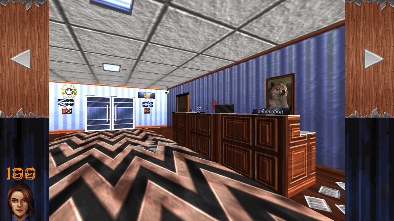 A lightly decorated room, fully lit